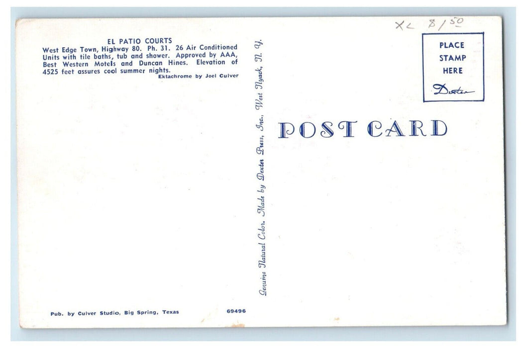 c1950's El Patio Courts Motel Sierra Blanca Texas TX Map Roadside Postcard