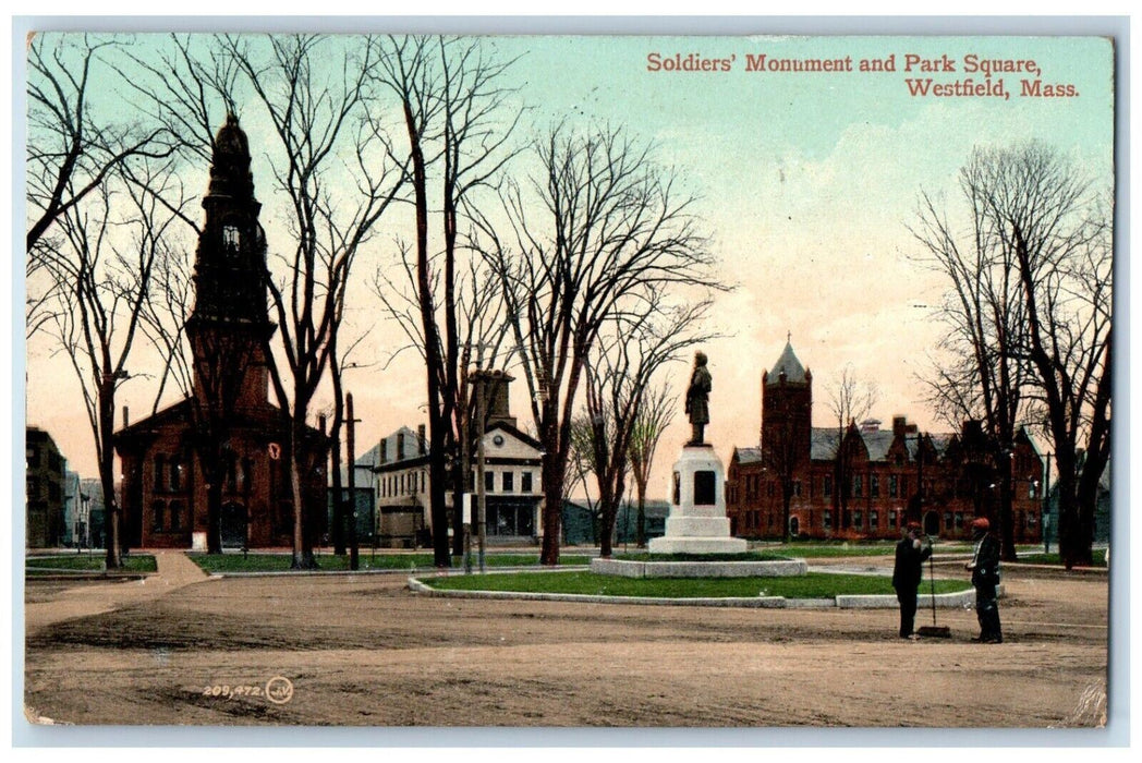 1909 Soldiers Monument And Park Square Westfield MA Posted Antique Postcard