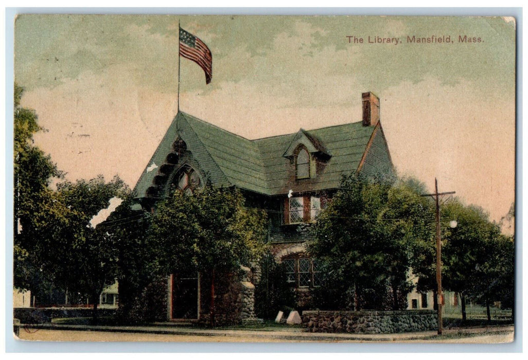 1907 US Flag The Library Mansfield Massachusetts MA Antique Posted Postcard