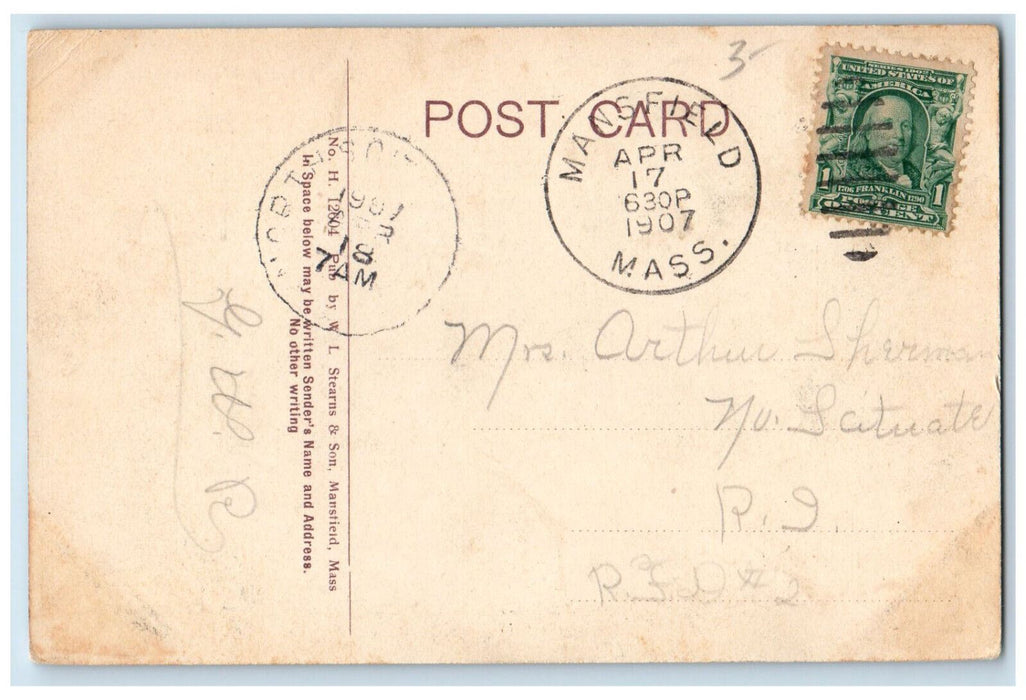 1907 US Flag The Library Mansfield Massachusetts MA Antique Posted Postcard