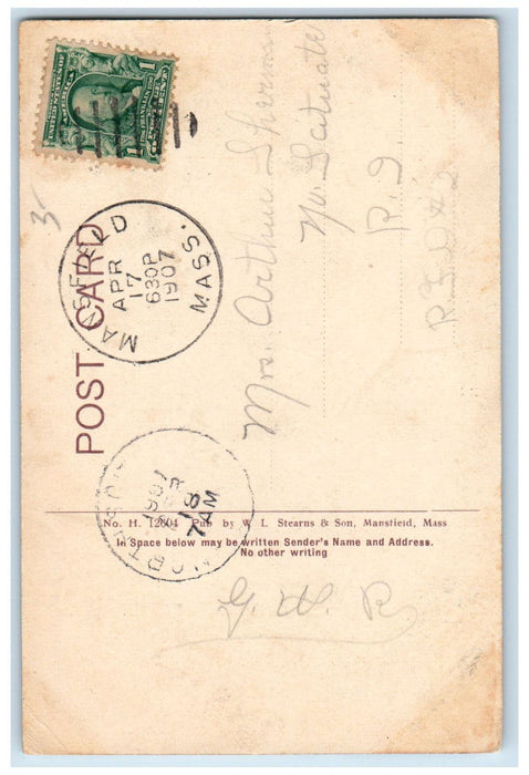 1907 US Flag The Library Mansfield Massachusetts MA Antique Posted Postcard