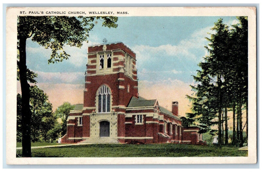 c1920's St. Paul's Catholic Church Wellesley Massachusetts MA Vintage Postcard