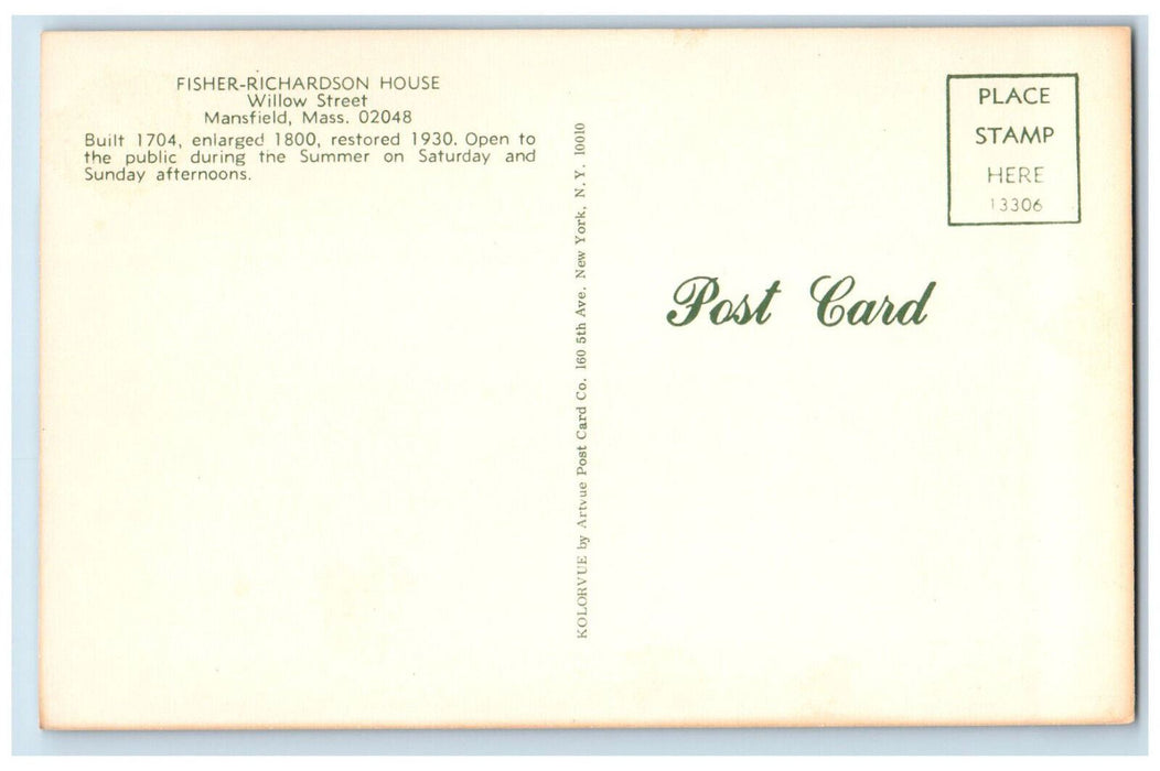 c1950s Fisher Richardson House Willow Street Mansfield Massachusetts MA Postcard