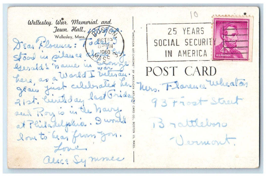 1960 Wellesley War Memorial And Town Hall Wellesley Massachusetts MA Postcard