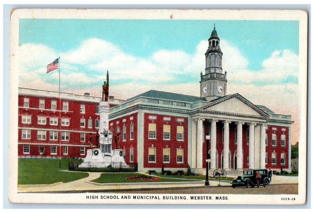 c1930's High School And Municipal Building Car Webster Massachusetts MA Postcard
