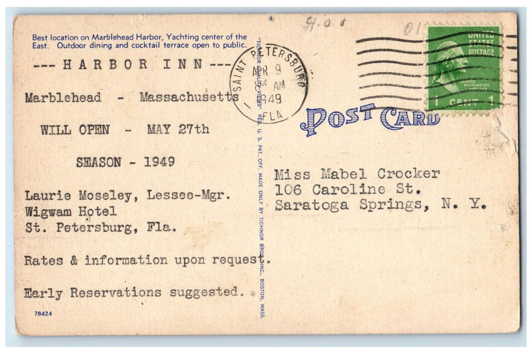 1949 Harbor Inn On Marblehead Harbor Marblehead Massachusetts MA Postcard