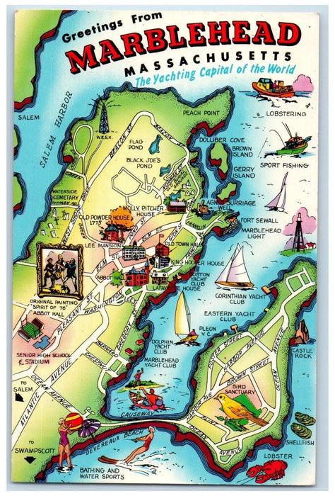 c1950's Map View Greetings Marblehead Massachusetts MA Unposted Postcard