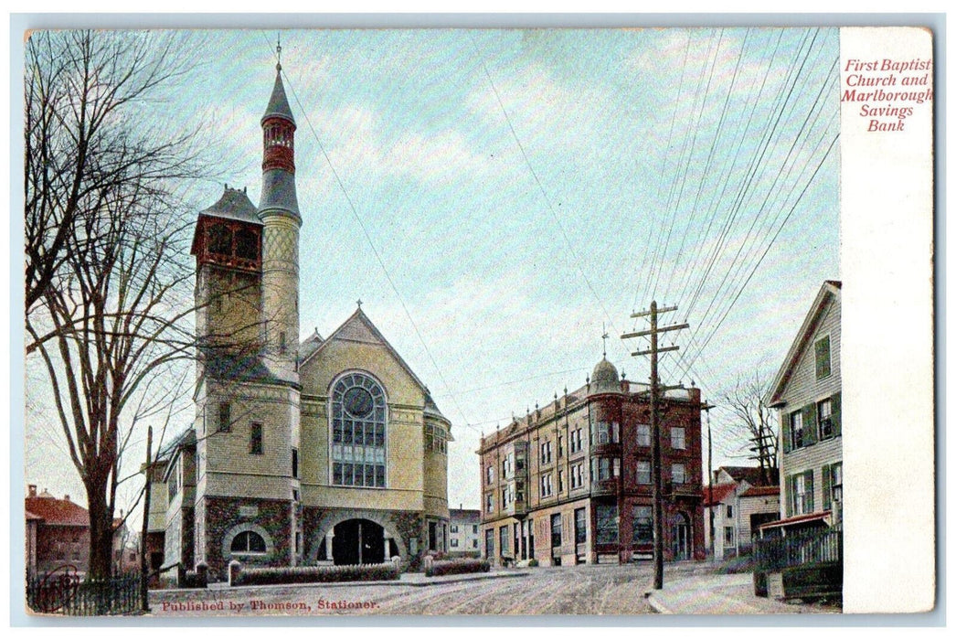 c1910 First Baptist Church Marlborough Savings Bank Massachusetts MA Postcard