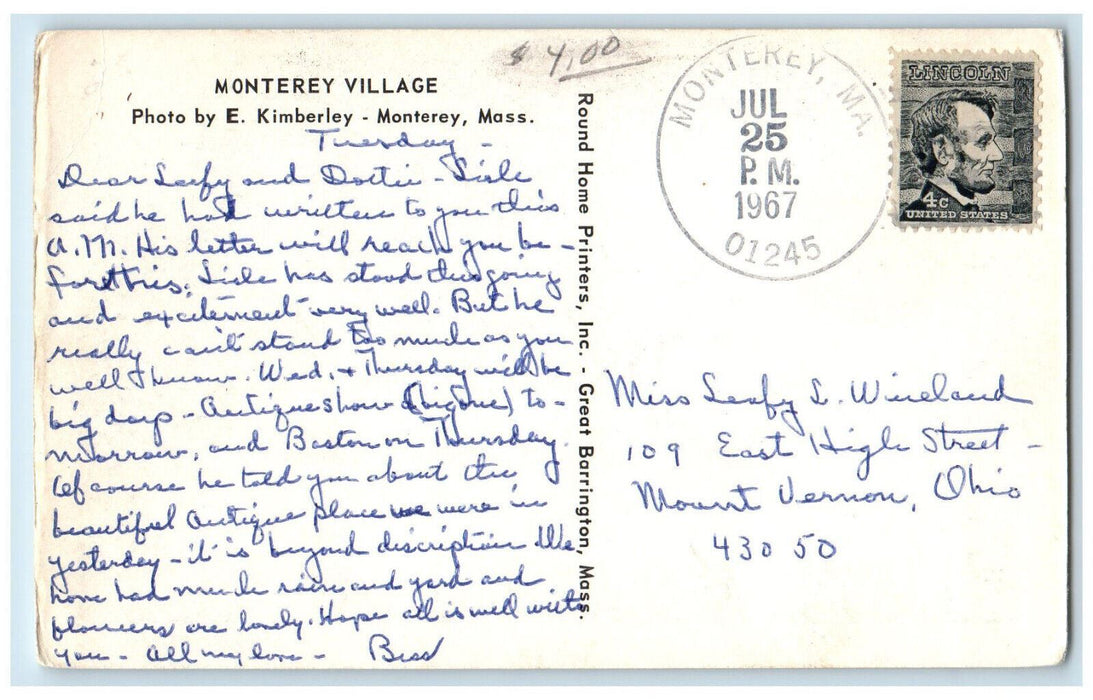 1967 Monterey Village E. Kimberley Photo Monterey Massachusetts MA Postcard