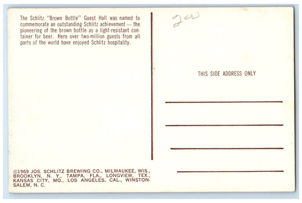 c1960 Schlitz Brown Bottle Guest Hall Restaurant Beer Brown Bottle CA Postcard