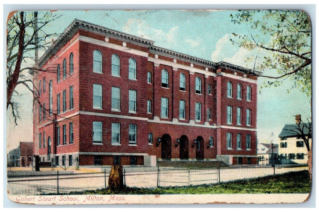 1923 Gilbert Stuart School Building Milton Massachusetts MA Vintage Postcard