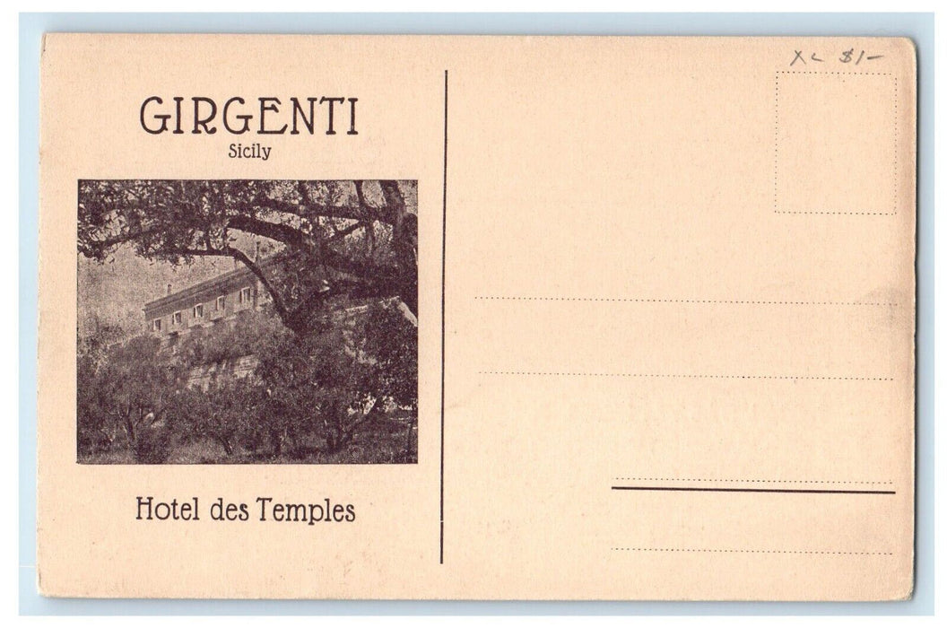 c1930's Hotel Des Temples Greece Girgenti Sicly Castor Pollux Temple Postcard
