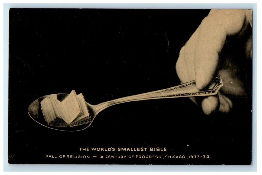 1934 World's Smallest Bible Hall Religion Century Progress World's Fair Postcard