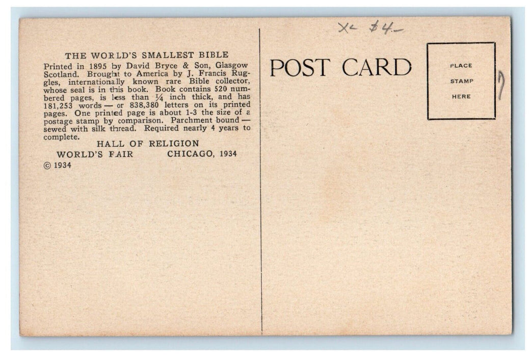 1934 World's Smallest Bible Hall Religion Century Progress World's Fair Postcard