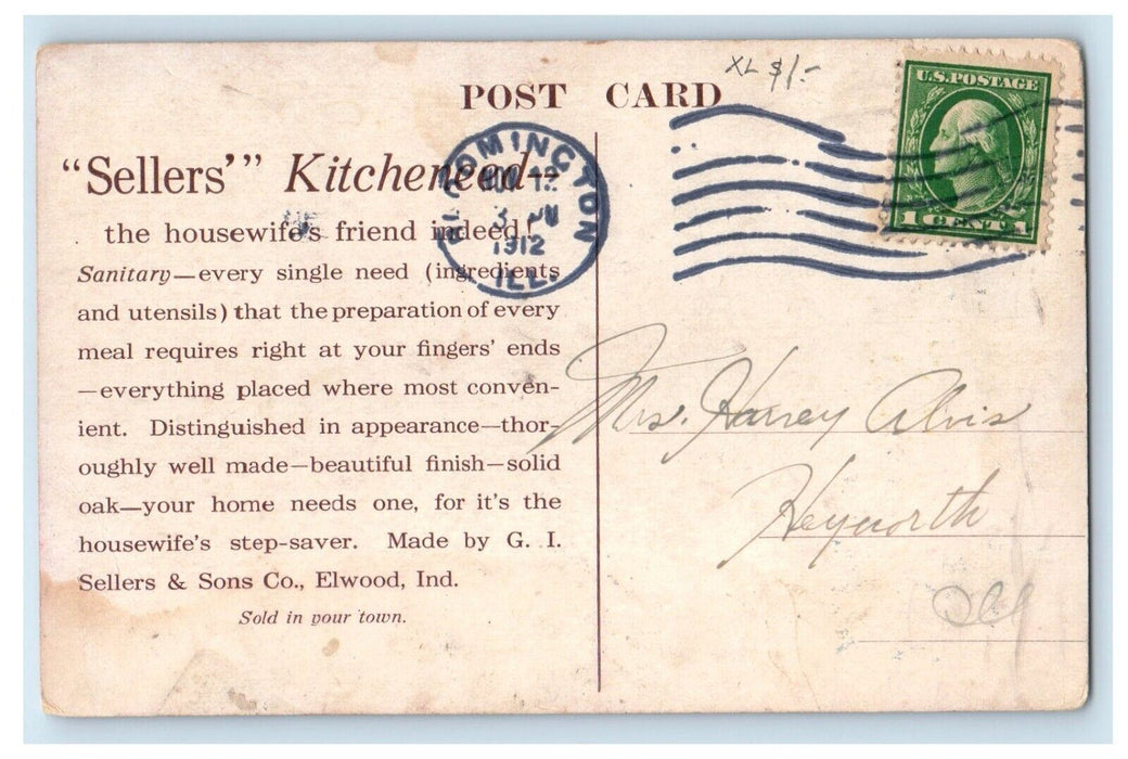 1912 Sellers & Sons Kitchen Cabinet Advertising Interior Elwood IN Postcard