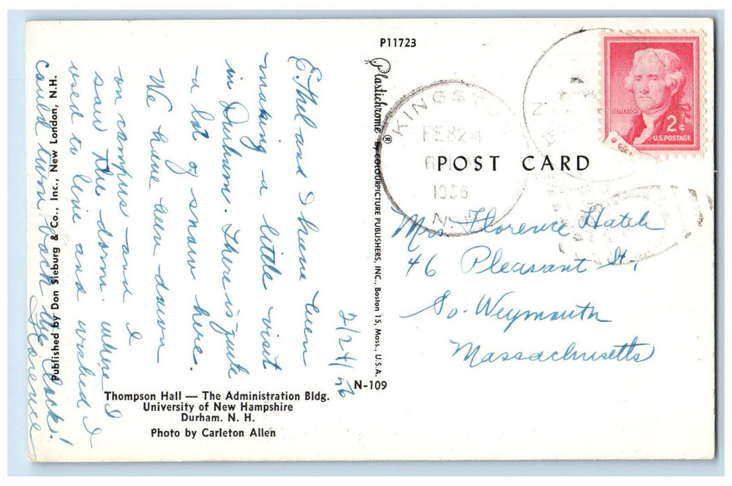 1956 Thomson Hall The Administration Bldg University of NH Durham NH Postcard