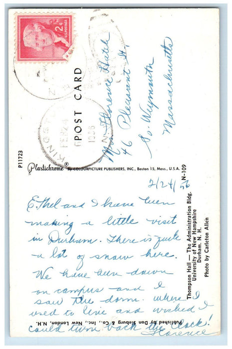 1956 Thomson Hall The Administration Bldg University of NH Durham NH Postcard