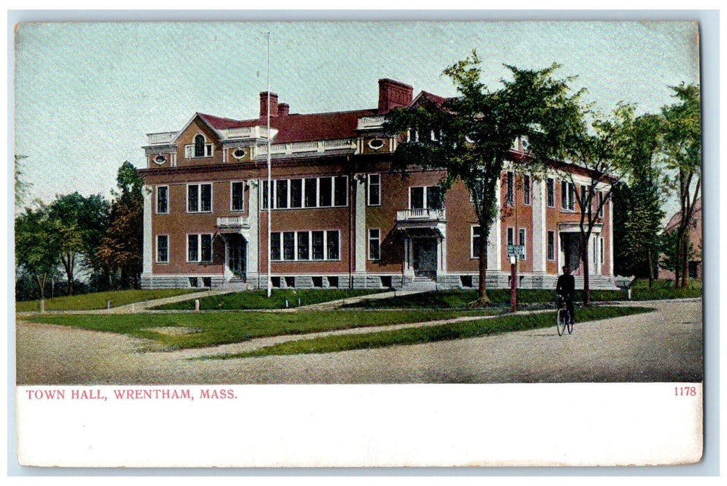 c1905 Town Hall Building Bicycle Wrentham Massachusetts MA Antique Postcard