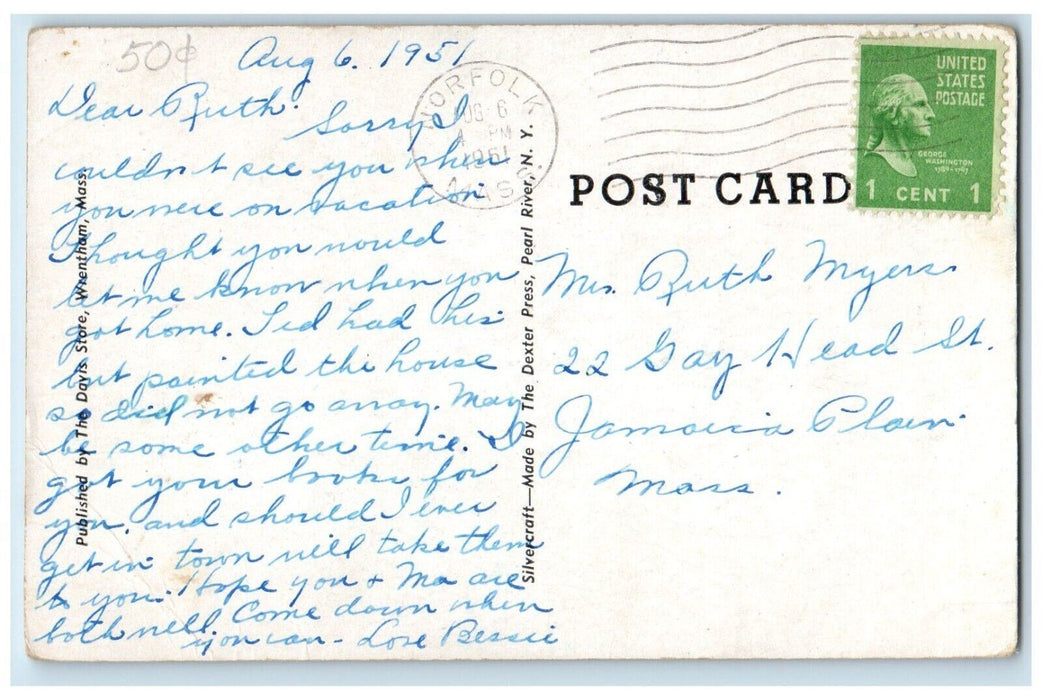 1951 Wrentham High School And Town Hall Wrentham Massachusetts MA Postcard