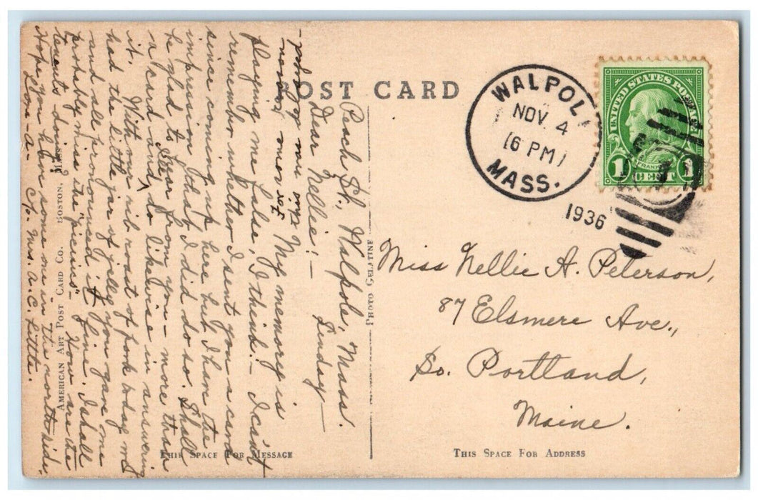 1936 The United Church Walpole Massachusetts MA Posted Vintage Postcard