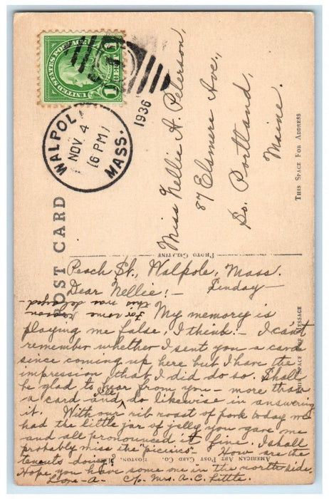 1936 The United Church Walpole Massachusetts MA Posted Vintage Postcard