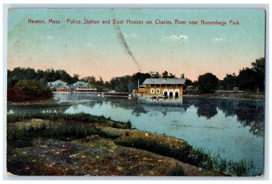 1910 Police Station & Boat Houses Charles River Newton Winthrop MA Postcard