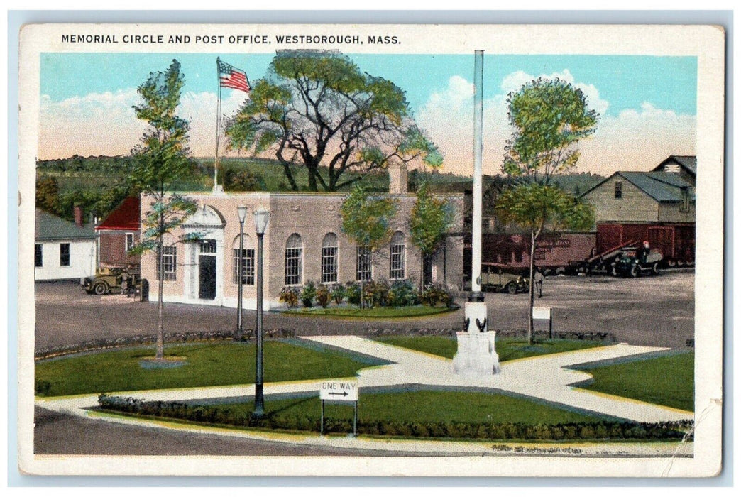 c1930's Memorial Circle And Post Office Westborough Massachusetts MA Postcard
