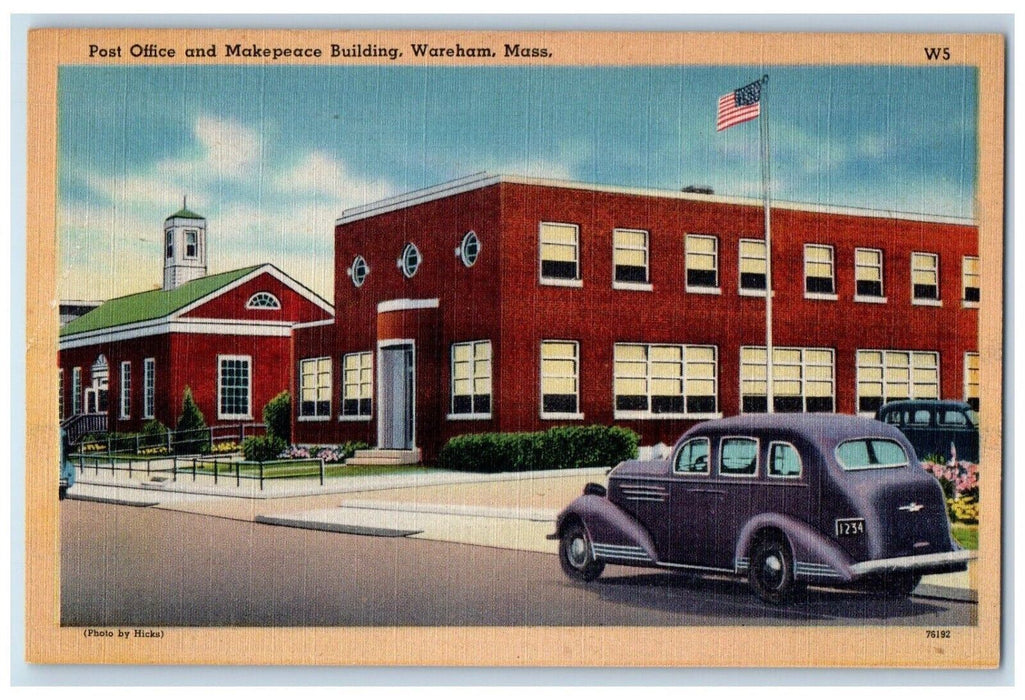 c1930's Post Office And Makepeace Building Car Wareham Massachusetts MA Postcard
