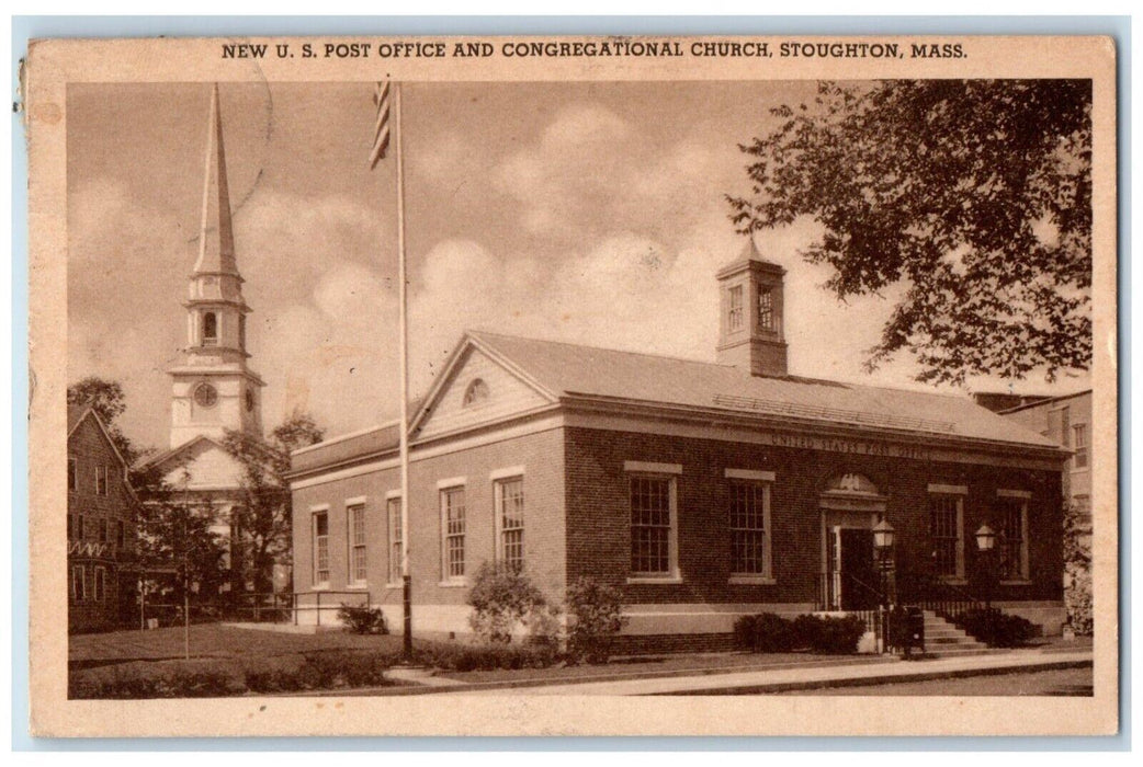 1943 New U.S. Post Office And Congregational Church Stoughton MA Posted Postcard