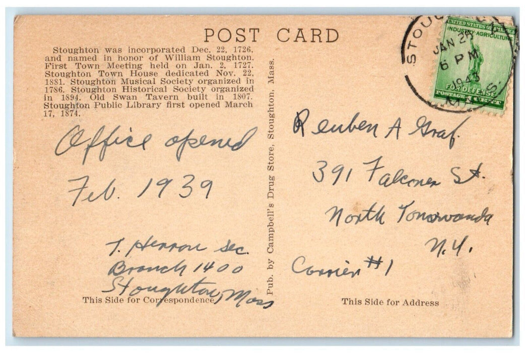 1943 New U.S. Post Office And Congregational Church Stoughton MA Posted Postcard