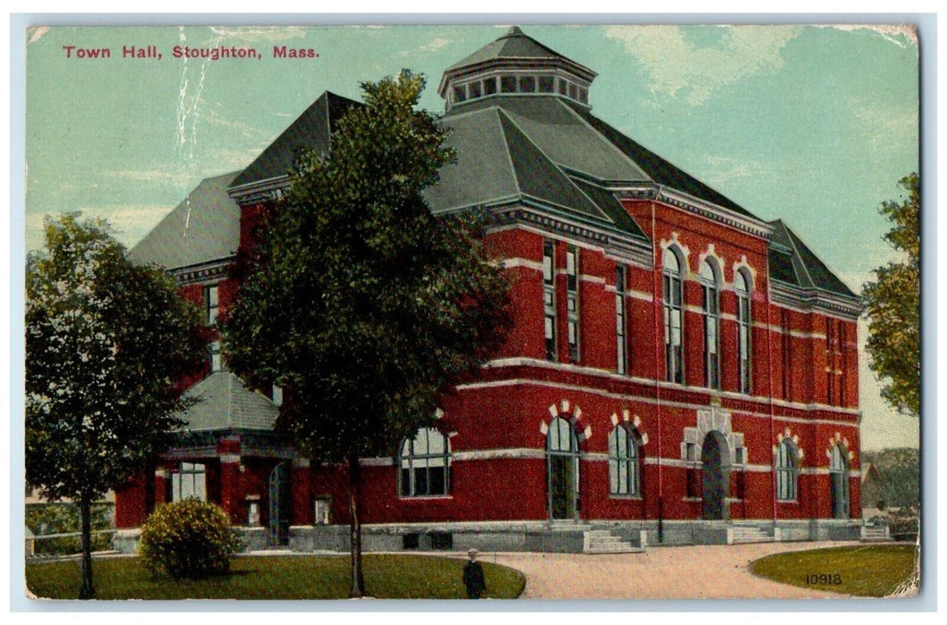 1920 Town Hall Building Stoughton Massachusetts MA Posted Vintage Postcard