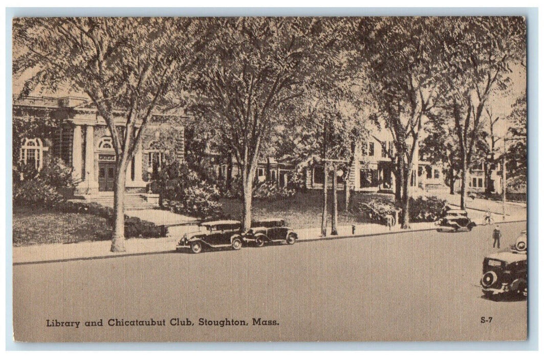 Library And Chicataubut Club Cars Stoughton Massachusetts MA Vintage Postcard
