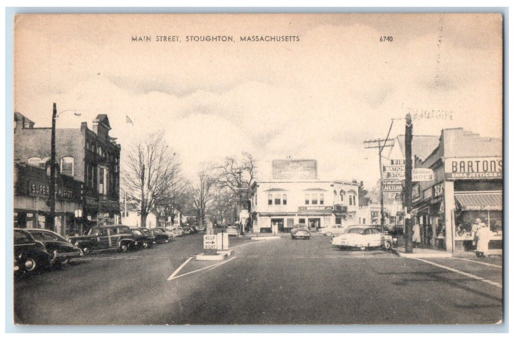Main Street View Cars Stores Barton's Shoes Stoughton Massachusetts MA Postcard
