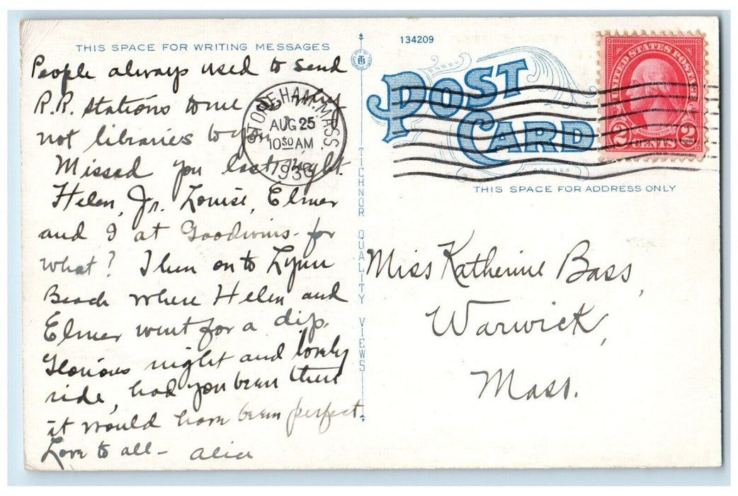 1936 Stoneham Public Library Stoneham Massachusetts MA Posted Vintage Postcard