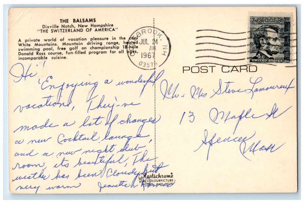 1967 The Balsams Dixville Notch New Hampshire NH Vintage Posted Postcard