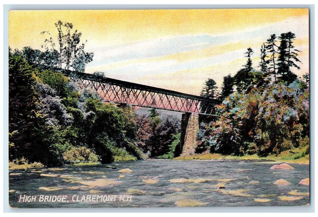c1910 River Scene, High Bridge Claremont New Hampshire NH Antique Postcard