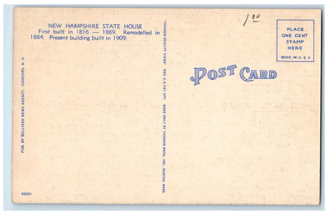 c1940's Entrance Arch State House at Night Concord New Hampshire NH Postcard