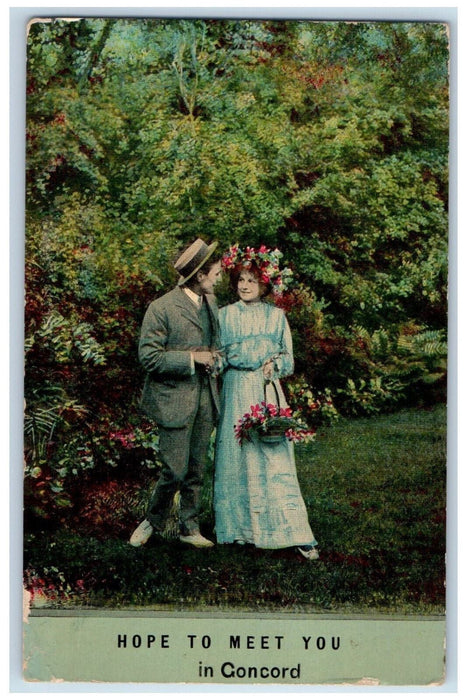 1912 Couple Scene, Hope to Meet You in Concord New Hampshire NH Postcard