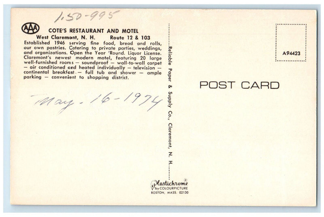 1974 Cote's Restaurant and Motel West Claremont New Hampshire NH Postcard