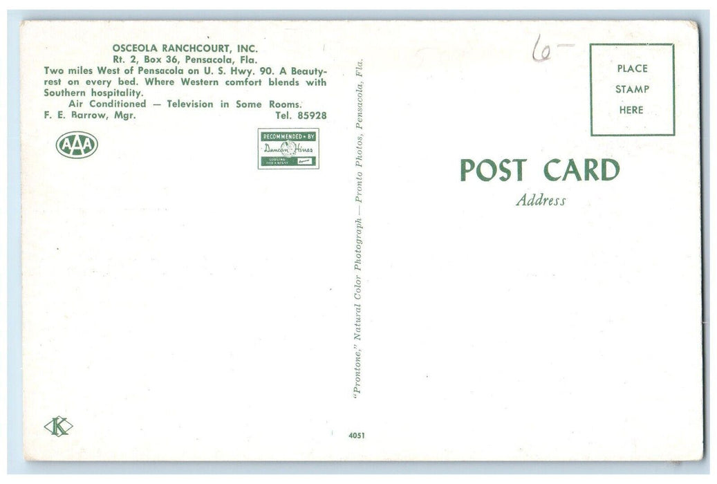 c1950's Osceola Ranchcourt, INC. Motel Cars Pensacola Florida FL Postcard