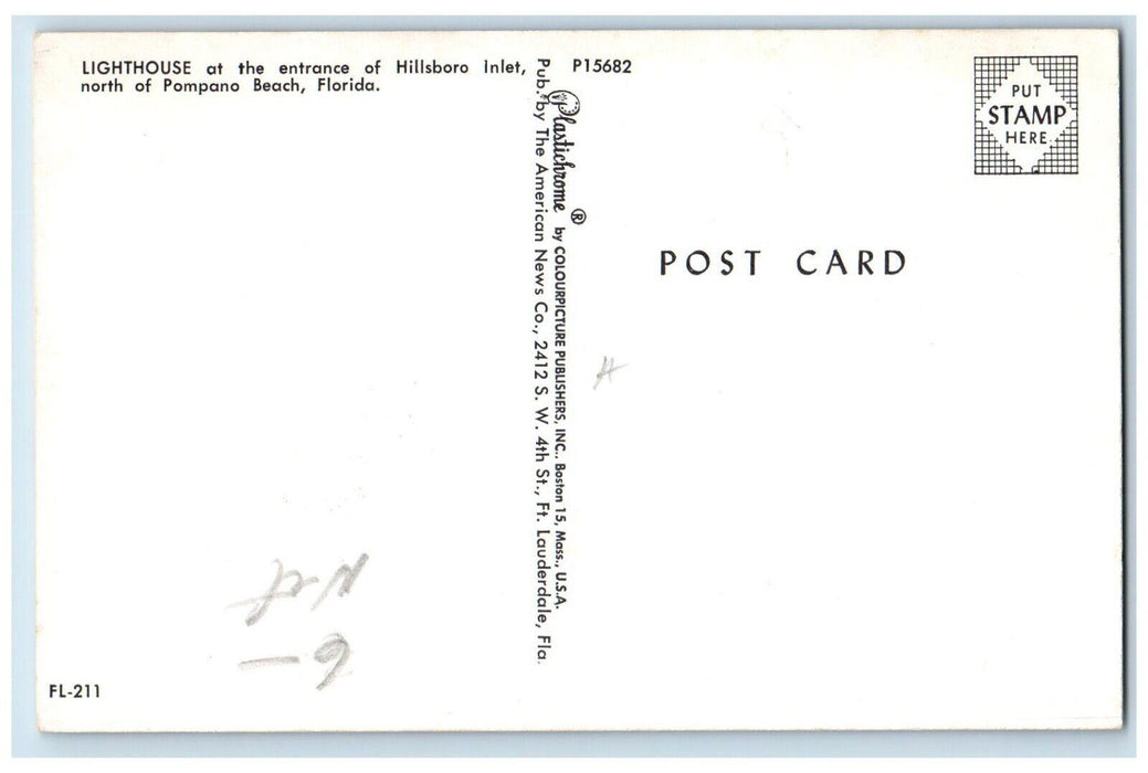 c1960's Lighthouse Entrance Of Hillsboro Beach Front Pompano Florida FL Postcard