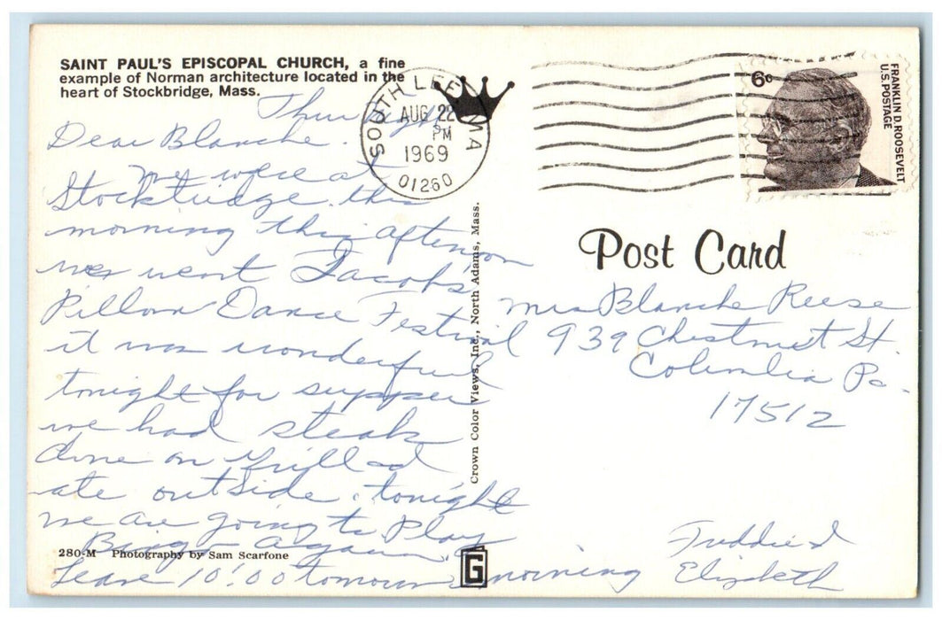 1969 Saint Paul Episcopal Church Stockbridge Massachusetts MA Vintage Postcard