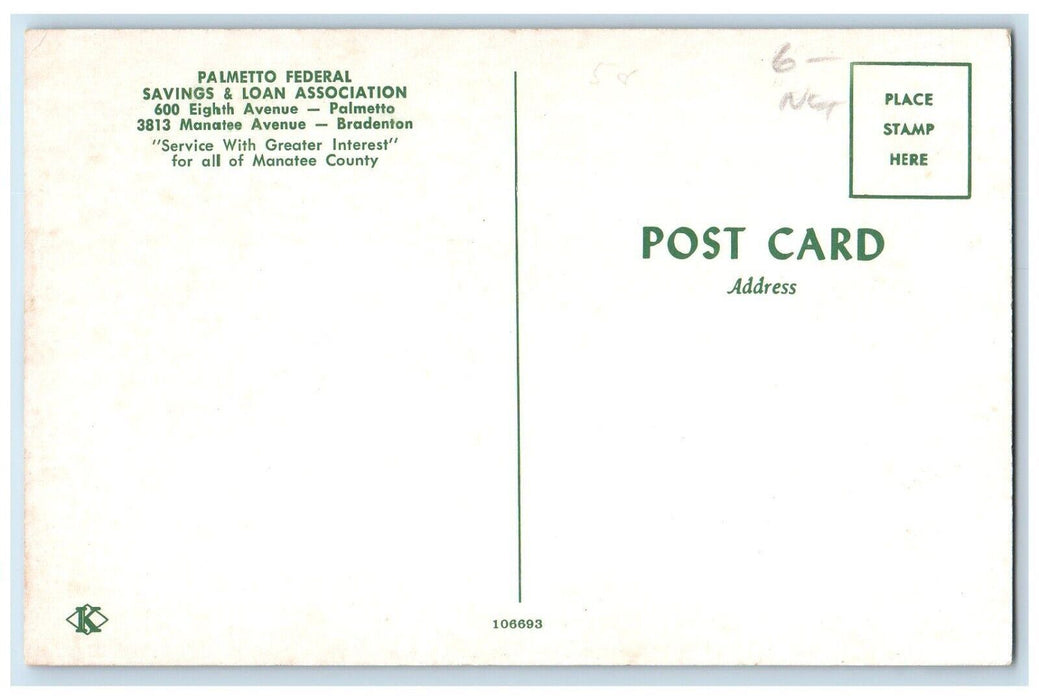 Palmetto Federal Savings & Loan Association Street View Florida FL Postcard