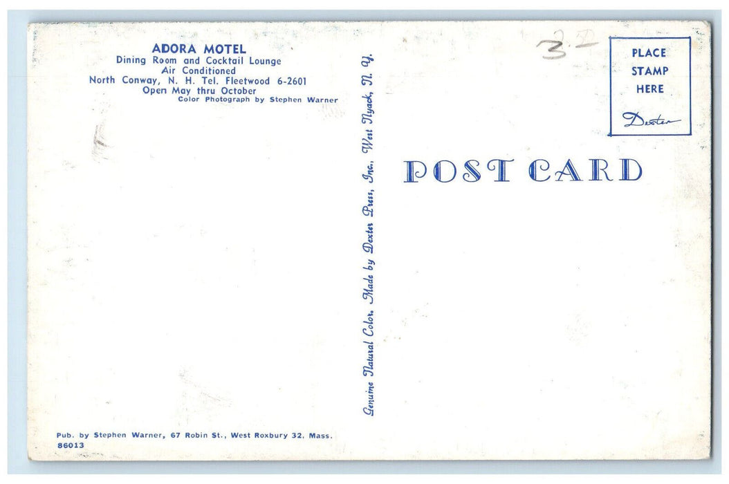 c1960's Adora Motel Dining Room and Cocktail Lounge North Conway NH Postcard