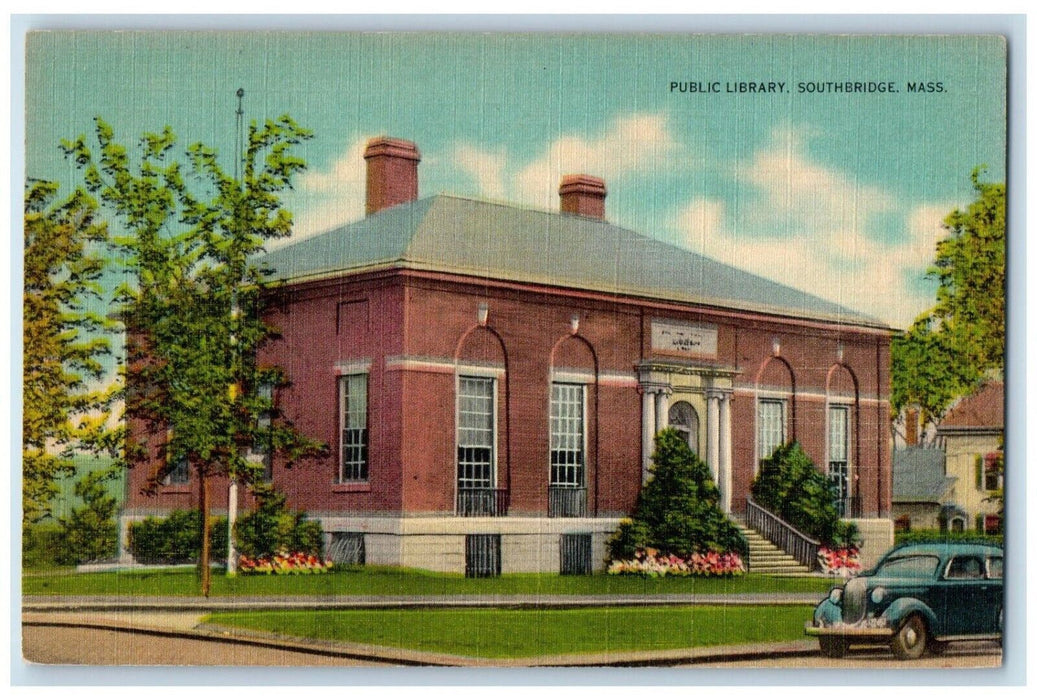 Public Library Building Car Southbridge Massachusetts MA Vintage Postcard