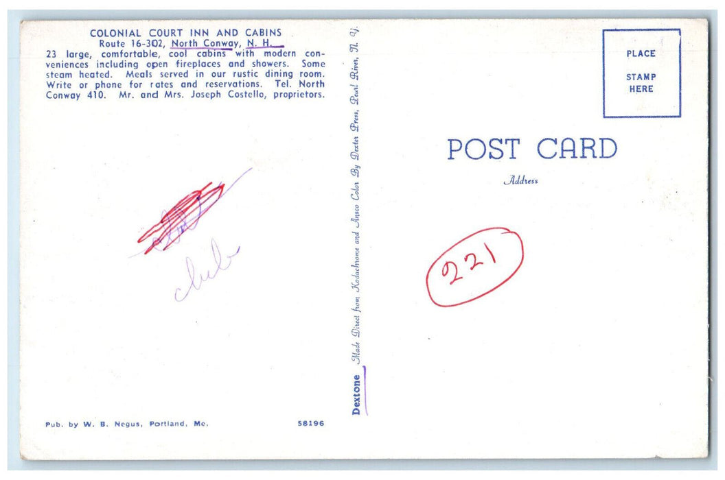 c1960's Colonial Court Inn and Cabins North Conway New Hampshire NH Postcard