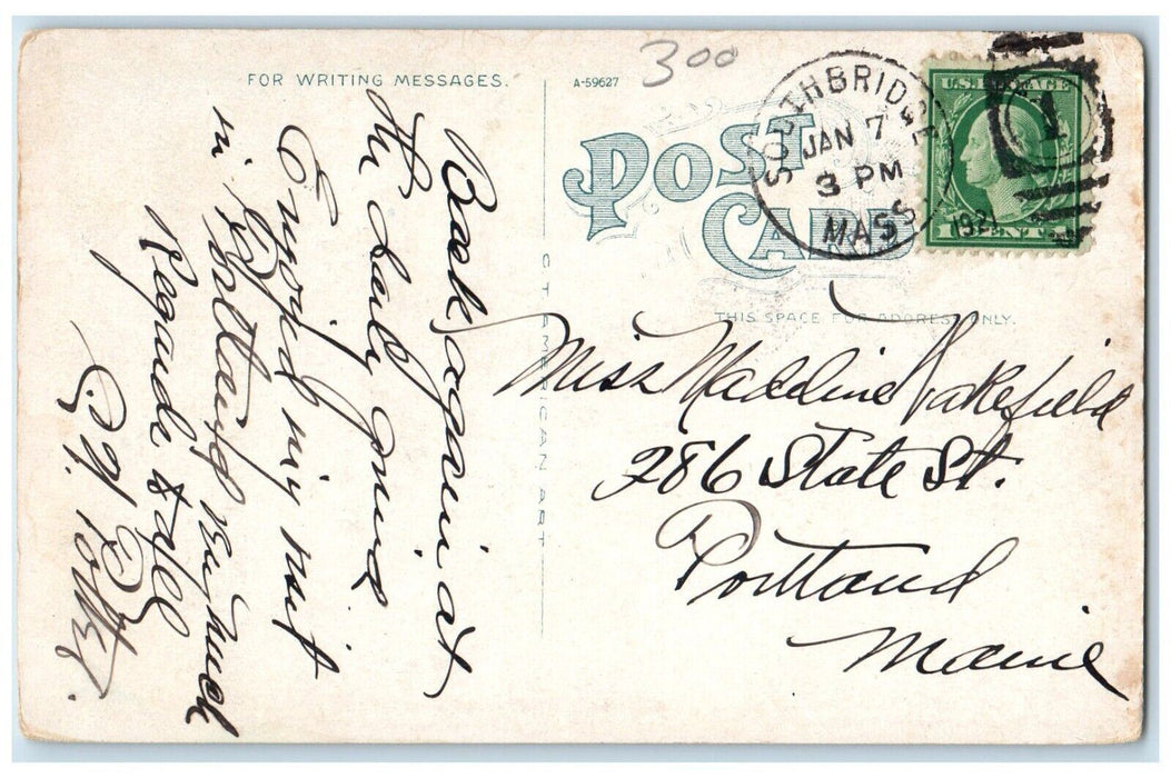 1921 Town Hall Building Tower Clock Southbridge Massachusetts MA Postcard