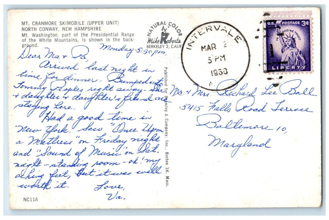 1960 Mt. Cranmore Skimobile (Upper Unit) North Conway New Hampshire NH Postcard
