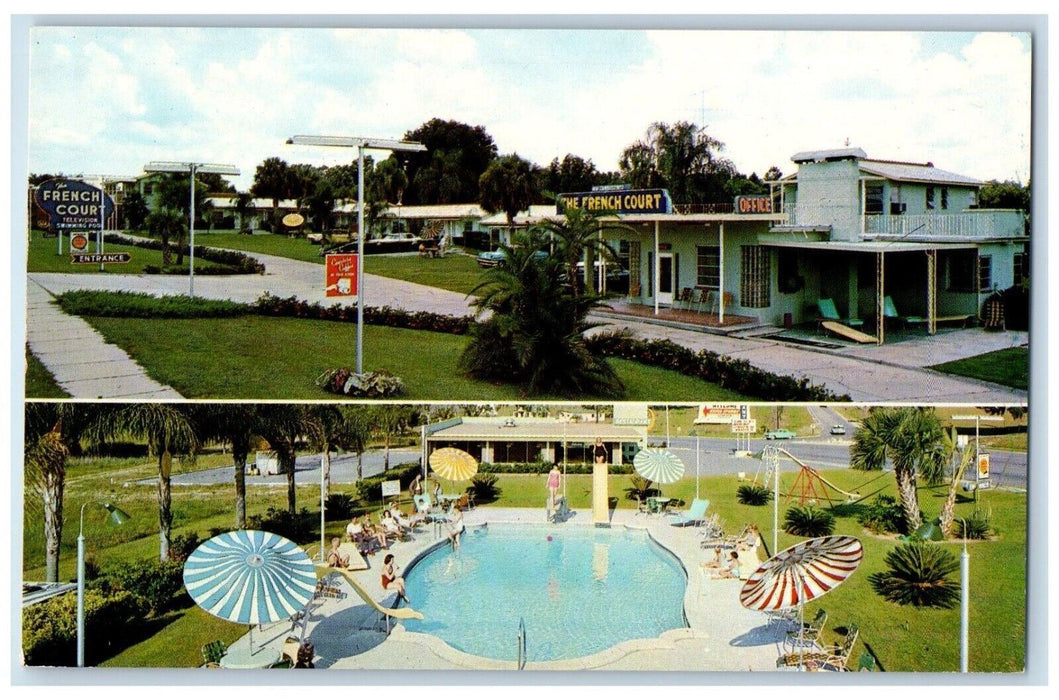 c1960's French Court Pool Club Restaurant Ocala Florida FL Dual View Postcard