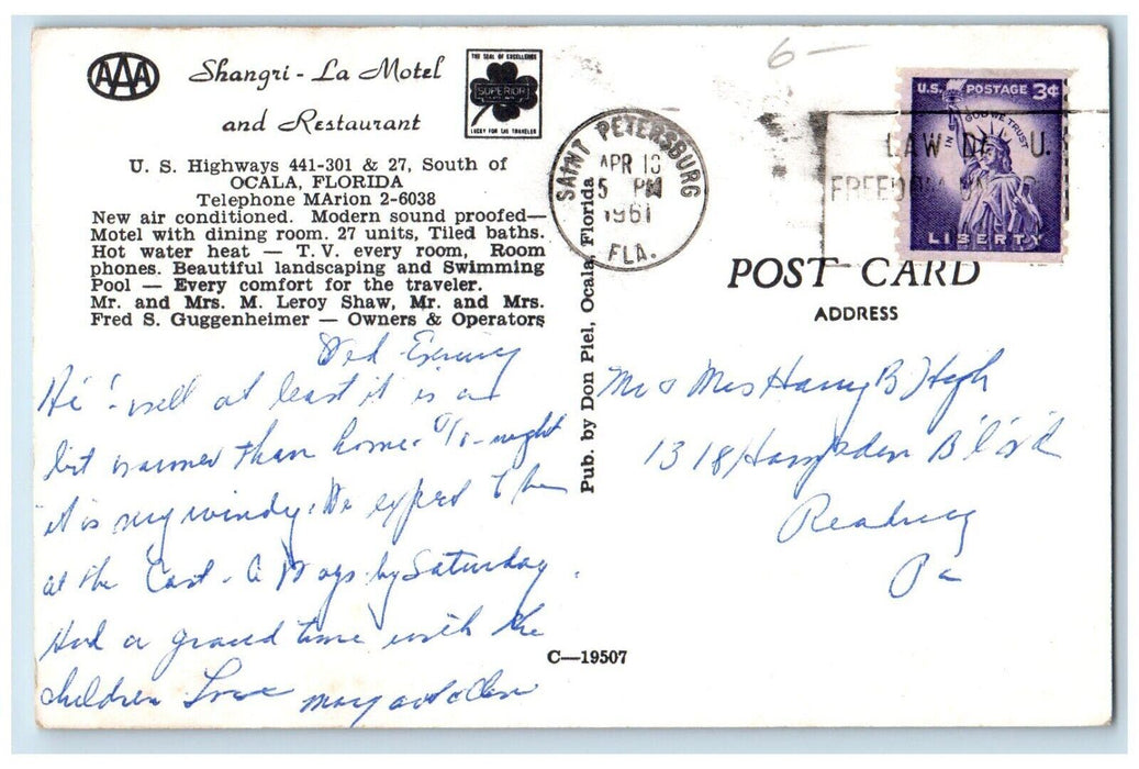 1961 Shangri-la Motel And Restaurant Roadside View Ocala Florida FL Postcard